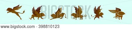 Set Of Winged Lion Cartoon Icon Design Template With Various Models. Modern Vector Illustration Isol