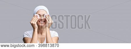 Cosmetology Face Cleaning. Female Beautiful Portrait. White Cotton Pad. Home Facial Routine. Remove 