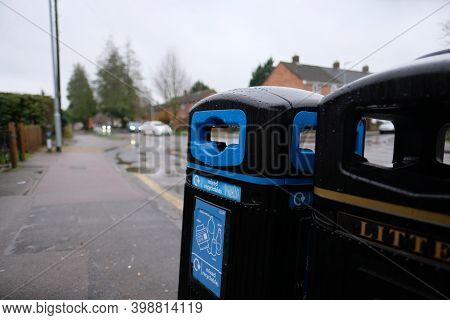 Cambridge Uk December 2020 Garbage Bins On The Streets Of Cambridge, Blue Bins For Recyclable Trash 