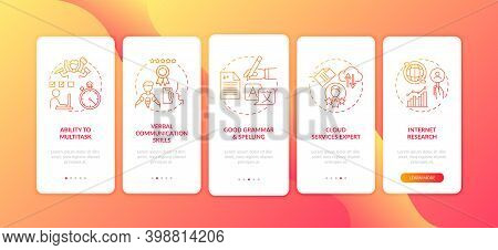 Virtual Assistant Skills Red Onboarding Mobile App Page Screen With Concepts. Multitasking Employee 