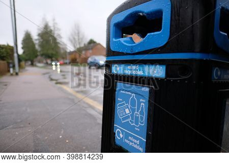 Cambridge Uk December 2020 Garbage Bins On The Streets Of Cambridge, Blue Bins For Recyclable Trash 