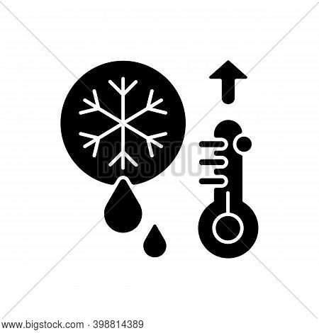 Snow Melting Black Glyph Icon. High Temperatures On Streets. Hard Ice Becoming Water On Sun. Heating