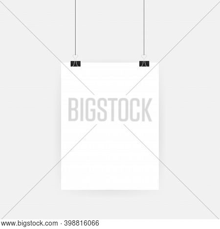 Set Of Multicolored Binder Clips On A Piece Of Paper On A Transparent Background. Clerical Clothespi