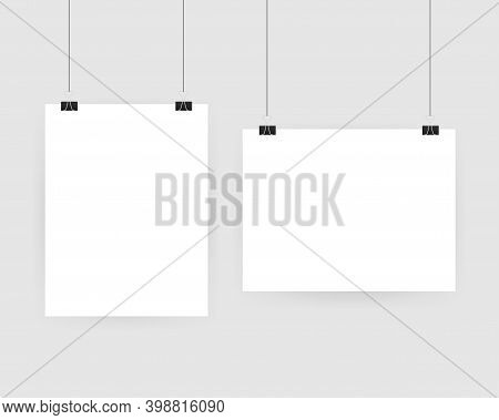 Set Of Multicolored Binder Clips On A Piece Of Paper On A Transparent Background. Clerical Clothespi