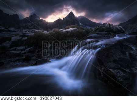 Rocky Creek Flowing Over The Rocks At Dramatic Twilight Near Teryho Chata Mountain Chalet In Hight T