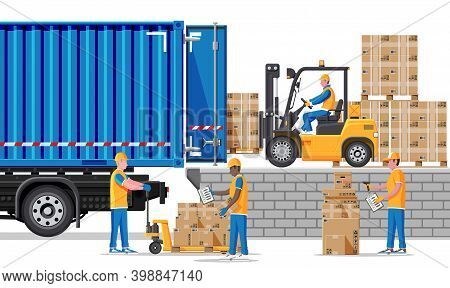 Forklift Loading Pallet Boxes Into Truck. Warehouseman With Checklist. Electric Uploader Loading Car