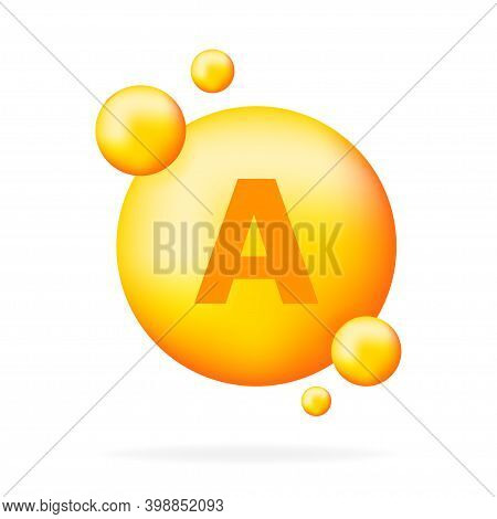 Vitamin A Shining Pill Capcule Icon. Shining Golden Substance Drop. Meds Ads. Beauty Treatment Nutri