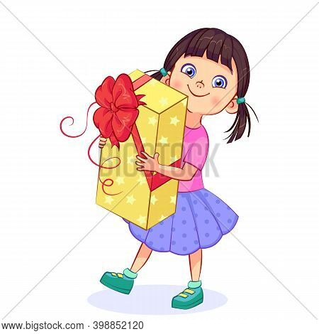 Beautiful Little Girl Carries A Holiday Gift With A Big Red Bow In Her Hands. Vector Cartoon Child C