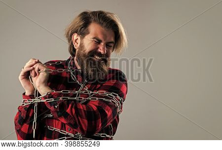 Get Rid Of The Problems. Mature Hipster Break Chain. Fetter. Brutal Man With Chain. Chained Up In Ch
