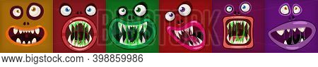 Set Monsters Mouths Creepy And Scary Halloween. Funny Jaws Teeths Tongue Creatures Expression Monste