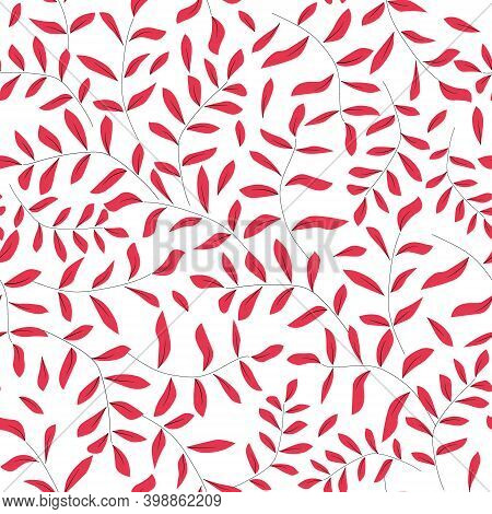 Autumn Branches And Leaves Pink Silhouette Seamless Pattern. Hand Drawn Background For Wrapping Scra