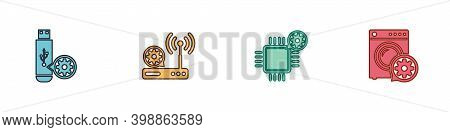 Set Usb Flash Drive Setting, Router And Wi-fi, Processor And Washer Icon. Vector