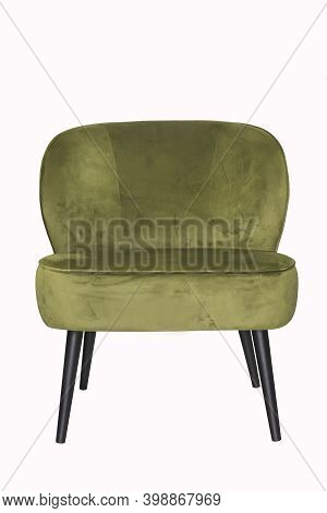 Comfortable Velours Olive Armchair On White Background. Interior Element