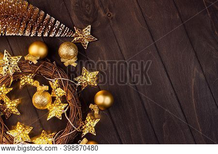 Christmas Decoration - Fir, Glossy And Glitter Balls, Wreath, Golden Stars On Lights Garland Glowing