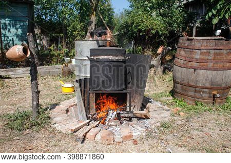 Details With A Homemade Alcohol Metal Still Made To Distill Romanian Traditional Moonshine Tuica Or 