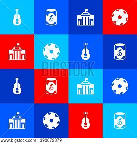 Set Spanish Guitar, Olives In Can, Prado Museum And Football Ball Icon. Vector