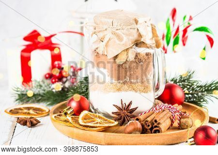 Cookies In The Jar. Ingredients For Christmas Baking. Idea For Christmas Present.