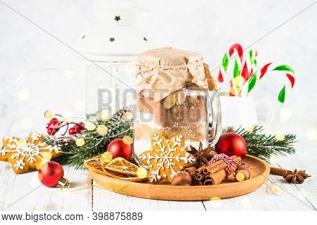 Cookies In The Jar. Ingredients For Christmas Baking. Idea For Christmas Present.