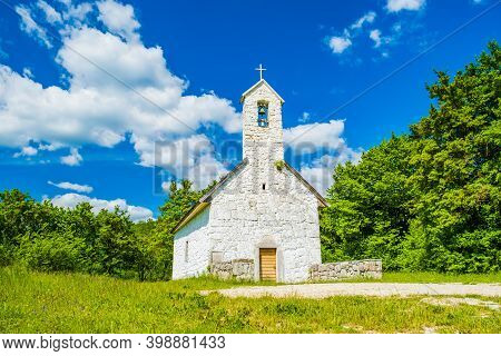 St Francis Church Near Gacka River In Lika Reagion In Croatia, Countryside Landscape