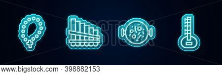 Set Line Rosary Beads Religion, Pan Flute, Chicken Tikka Masala And Sitar. Glowing Neon Icon. Vector