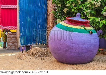 Colorful Pot Standing In The African Village Keta Ghana West Africa