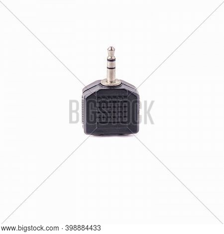 Mini Jack Adapter With Single To Double Output, Isolated On White Background. Close Up