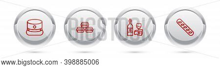 Set Line Kepi, Macaron Cookie, Wine Bottle With Cheese And French Baguette Bread. Silver Circle Butt