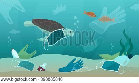 Coronavirus Covid-19 Waste And Pollution In Oceans: Surgical Masks, Disposable Gloves And Ssanitizer