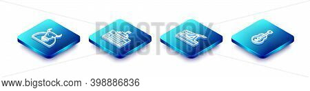 Set Isometric Line Bull, Prado Museum, Spanish Jamon And Guitar Icon. Vector