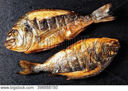 Grilled Whole Gilt-head Sea Bream, Orata,dorado Fish On A Slate Tray, Horizontal View From Above, Fl