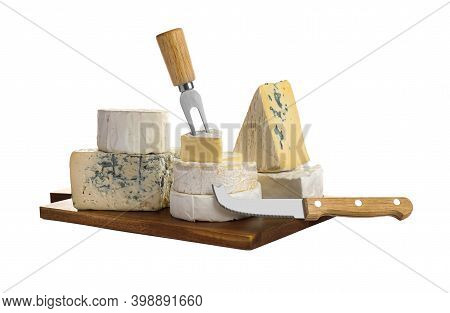 Different Types Of Cheese, Knife And Fork On White Background