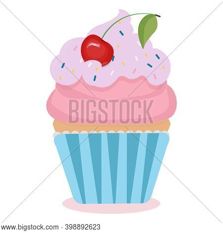 Cute Cartoon Cupcake With A Cherry On Top. Creamy Fancy Decorated Dessert. Vector Illustration Isola