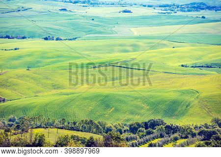 Beautiful Landscape, Spring Nature. View From Above Of Sunny Fields On Rolling Hills In Tuscany, Ita