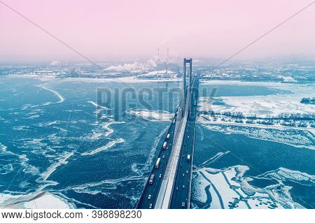 Skyline, Kiev City In The Blizzard In The Early Morning. Aerial View From The Left Bank Of The Dniep