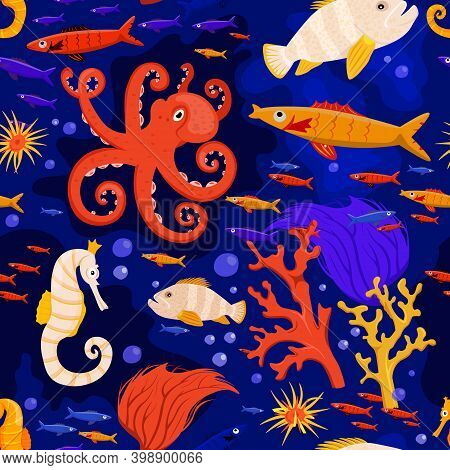 Marine Life Seamless Pattern. Tropical Fishes. Horsefish. Coral Reef. Ocean Bottom Nature Background