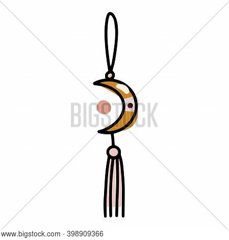 Doodle Boho Christmas Ball. Moon Toy With Tassels, Fringe Isolated On White Background. Pastel Nude 