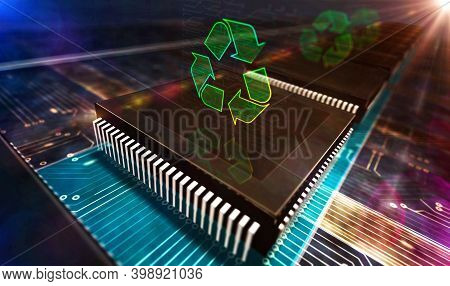 Recycling Electro-waste Symbol And Processor Factory 3D Illustration
