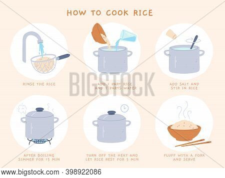 Rice Recipe. Easy Directions Of Cooking Porridge In Pot. Making Boiled Rice Process In Steps. Prepar