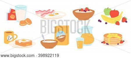Breakfast Meal. Morning Lunch Drink And Food Healthy Fruit, Eggs And Bacon, Bread, Porridge, Cereal 