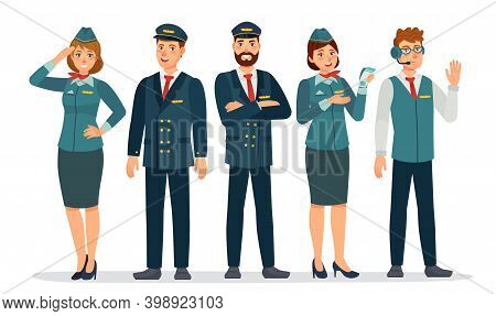 Aircraft Staff. Air Crew In Uniforms Pilots, Stewardesses And Flight Attendant. Group Of Airport Emp