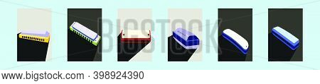 Set Of Harmonica Cartoon Icon Design Template With Various Models. Modern Vector Illustration Isolat