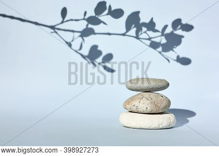 Three Grey Roundstones With A Shadow Of Blooming Sprig On Pastel Light Blue Background. Spa Stones, 