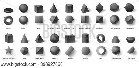 Realistic Black Basic Geometric 3d Shapes In Top And Front View Isolated On White. Three Dimensional