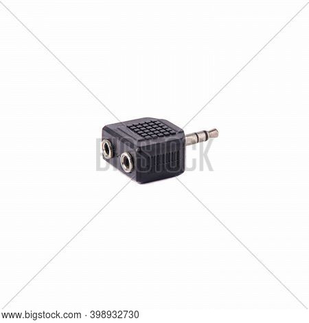 Mini Jack Adapter With Single To Double Output, Isolated On White Background. Close Up