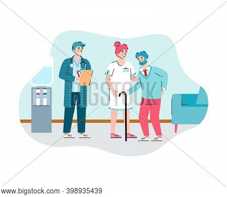 Nursing Home For Old People. Female Doctor Nurse Help Elderly Male. Residential Care For Retired, Me