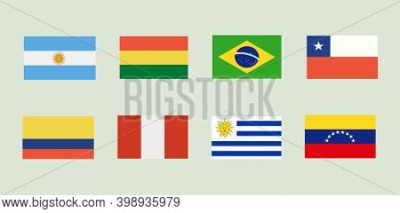 Set Of Eight South American Flags On Grey Background.