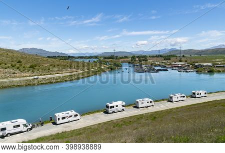 Twizel New Zealand - November 11 2020; Famous Turquoise Trout And Salmon Fishing Destination Ohau Ca
