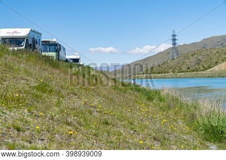 Twizel New Zealand - November 11 2020; Famous Turquoise Trout And Salmon Fishing Destination Ohau Ca