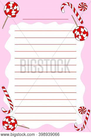 Template For Entries Lined With Caramel, Striped Red-white Candies On A White And Pink Background. L