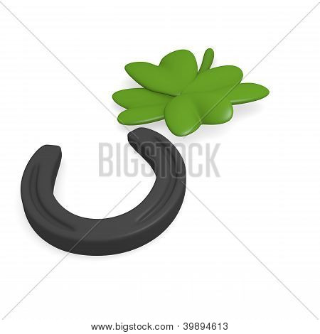 Horse shoe with clover leafs on a white background, 3d rendering